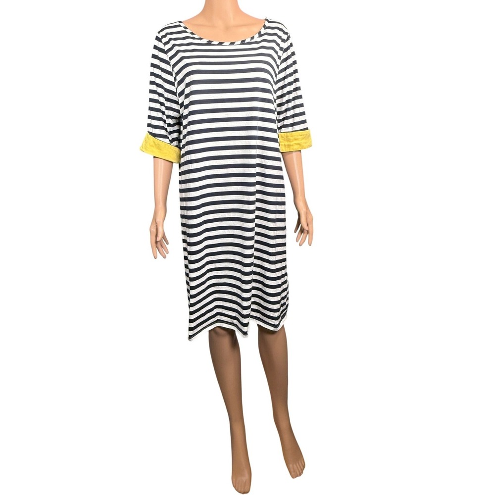 Nouveaux Womens XL Striped Cotton Shift Dress Navy Blue White Yellow Cuffs